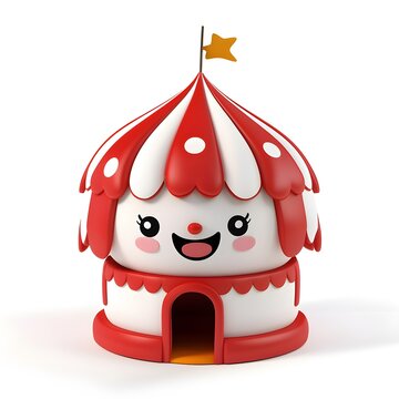 A cartoon house with a red and white roof and a smiling face