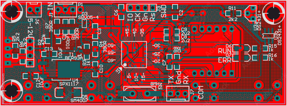 Poster vector printed circuit board of electronic device with components of radio elements, conductors and 