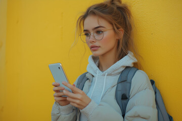Fototapeta premium Young woman using mobile phone on yellow background. Modern girl with smartphone browsing internet, social media or texting