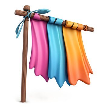 A wooden pole with a colorful cloth hanging from it