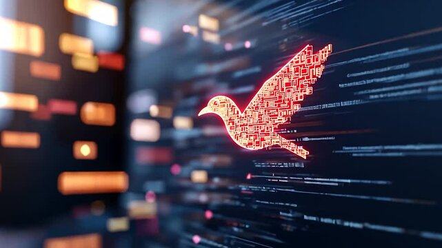 Abstract digital representation of a flying bird formed by binary code against a tech background