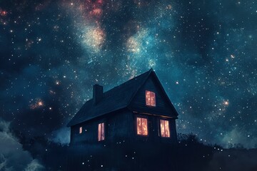 Naklejka premium Minimalist House Amid Stars in the Milky Way – Fantasy Space Illustration