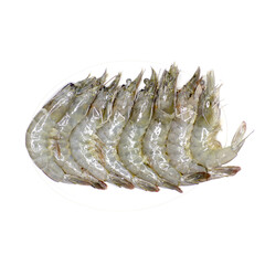 Fresh Seafood Array: An overhead shot of a row of fresh, raw shrimps meticulously arranged in a...