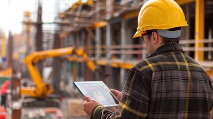 Construction engineer wearing yellow helmet using tablet and supervising building site with crane and workers in the background