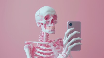 Pink skeleton taking selfie with smartphone, displaying whimsical tech interaction against bright pink backdrop