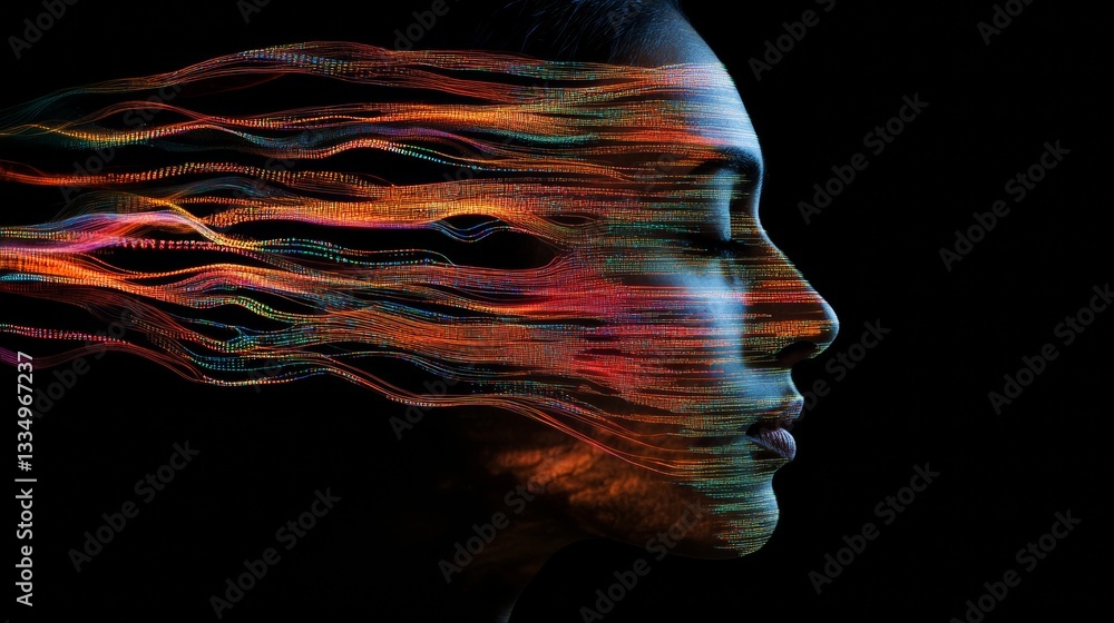 Poster a human face partially transforming into flowing lines of code, symbolizing digital evolution