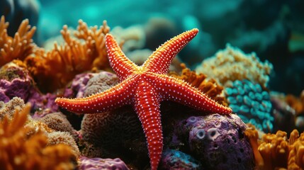 A bright red starfish rests on a vibrant coral reef, showcasing the beauty of marine life and colorful underwater ecosystems