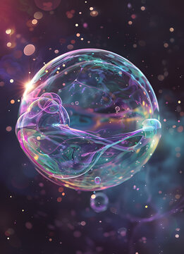 A large soap bubble floating with colorful smaller bubbles, creating a surreal and magical atmosphere.