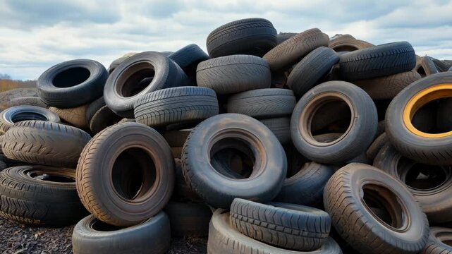 Tires are piled high at a recycling area with a cloudy sky overhead, highlighting waste management issues