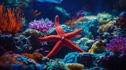 A bright red starfish rests on a vibrant coral reef, surrounded by colorful corals and marine life, showcasing the beauty of underwater ecosystems