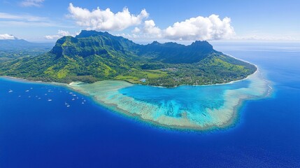 Fototapeta premium Aerial view of a tropical island surrounded by crystal-clear waters and vibrant coral reefs, showcasing lush greenery and serene landscapes