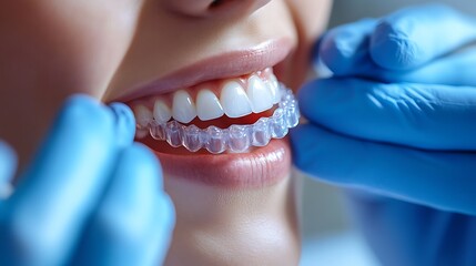 Woman getting Invisalign fitted, dental office