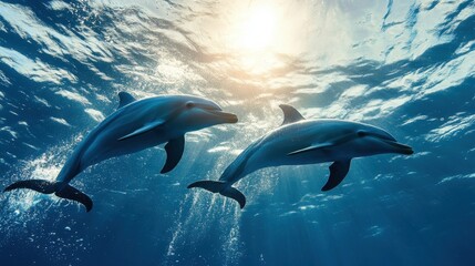 Fototapeta premium A dolphin family swims gracefully in unison through clear ocean waters, illuminated by soft sunlight, showcasing the beauty of marine life