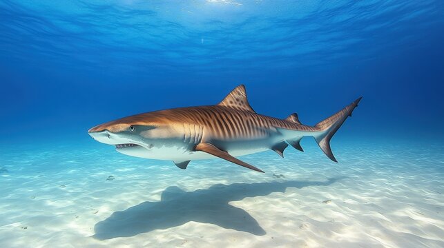 A solitary tiger shark glides gracefully through a vibrant, pollution-free ocean, showcasing its powerful form against a clear blue backdrop