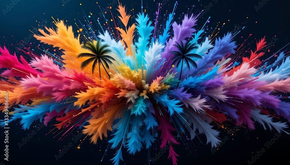 Poster exploding colorful palm tree design with paint splatters on dark backdrop