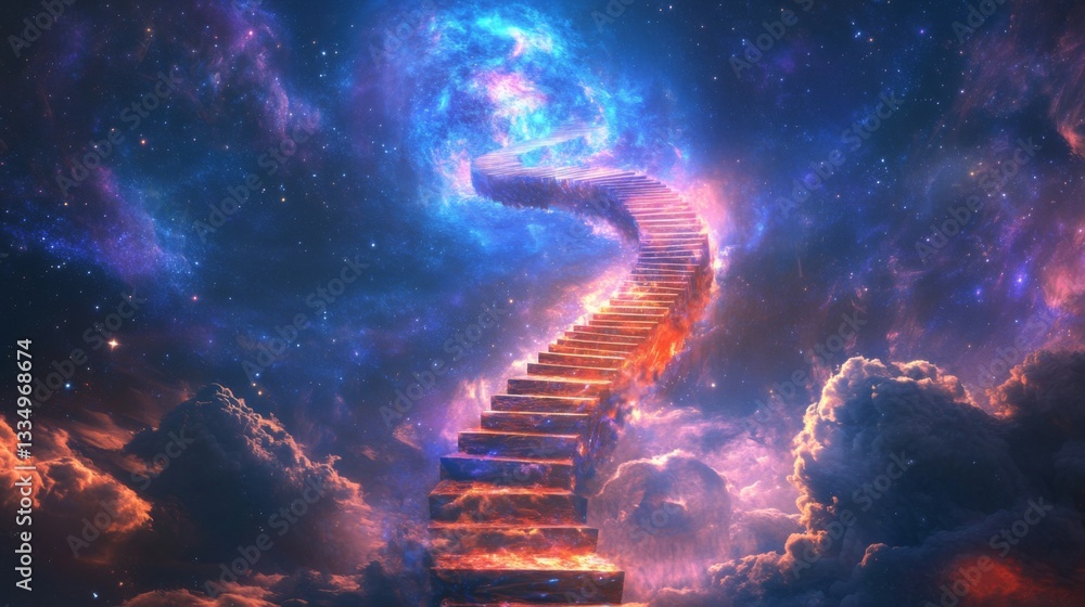 Poster an endless staircase floating in outer space, symbolizing infinite dreams and ambitions