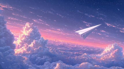 Dreamy Landscape with Paper Airplane Flying Above Colorful Clouds at Sunset