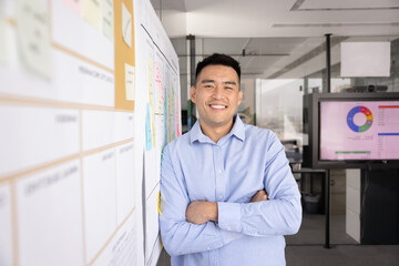 Happy handsome young Asian businessman standing at whiteboard with colorful stickers, looking at...