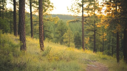 Obraz premium Sunset in a Pine Forest: Grassy Hillside and Golden Light