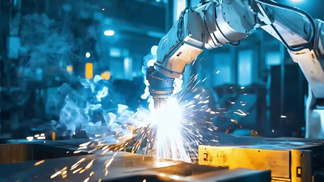 A robotic arm performs welding in an industrial environment, creating sparks and highlighting advanced manufacturing processes