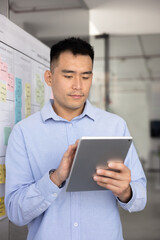 Serious Asian business project leader man using Internet technology on tablet computer at white scrum board, working with online service, application, checking email. Vertical shot