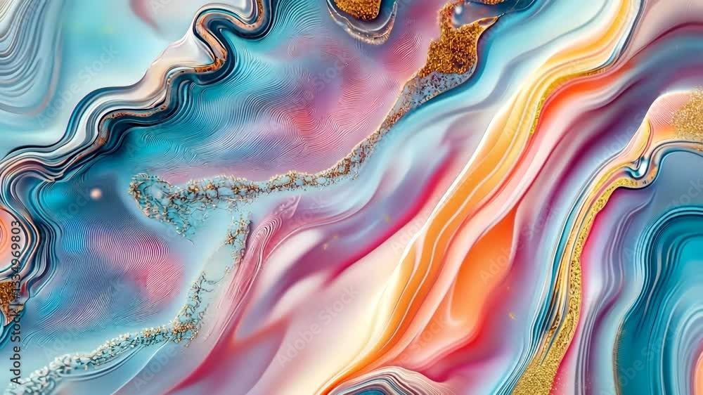 Poster a vibrant abstract artwork featuring flowing waves of color in shades of blue, pink, orange, and gol