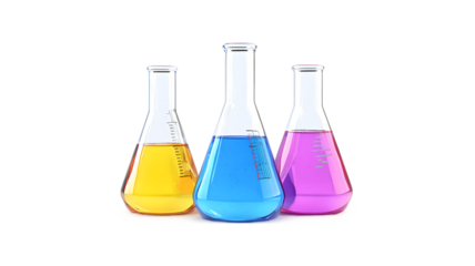 Three glass beakers filled with different colored liquids. The beakers are arranged in a row, with the yellow one in the middle and the blue and purple ones on either side