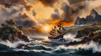 Fototapeta premium majestic ship sails through turbulent waves at sunset, surrounded by dramatic cliffs