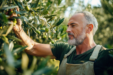 Mature gardener picking olives in olive tree garden. Harvesting in Mediterranean olive grove in Sicily, Italy
