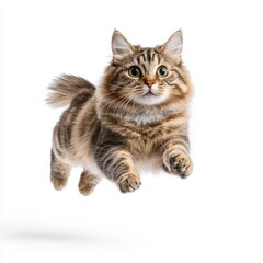 A playful cat leaps joyfully in mid-air, showcasing its agility and playful demeanor against a clean, white background.