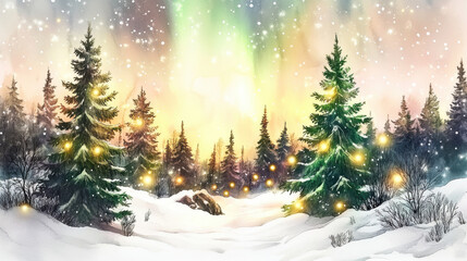 Naklejka premium magical winter forest with glowing aurora borealis and snow covered trees