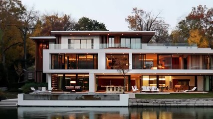 Video of a modern home by the water with lighting, ideal for real estate, interior design, luxury presentations.
