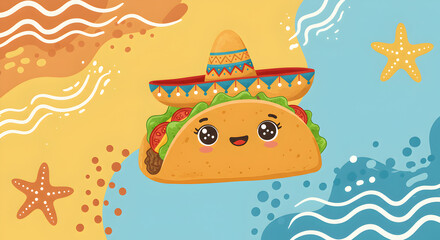 Delightful Taco Wearing Sombrero Hat on Beach Background Vector Illustration