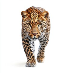 Obraz premium A striking portrait of a leopard walking forward, showcasing its vivid coat and piercing gaze against a plain background.