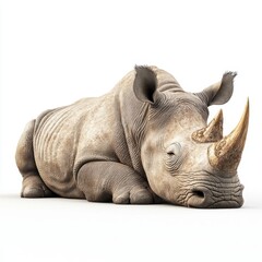 A realistic depiction of a resting rhinoceros, showcasing its textured skin and prominent horns in a serene pose.
