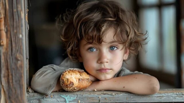 A little boy with blue eyes and a sweet bun in his hands, looks into the camera, creating a touching and tender moment suitable for family and children's projects
