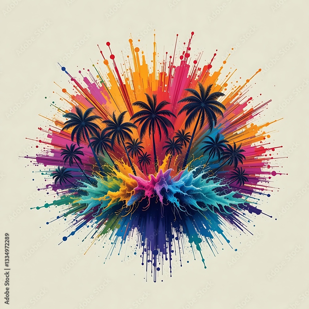 Poster palm trees with abstract splatter background in vibrant colorful explosion