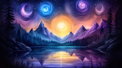 surreal mountain lake landscape with colorful celestial swirls and vibrant reflections