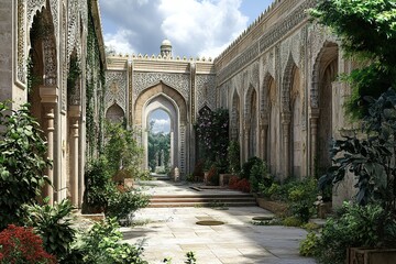Ornate courtyard with arched architecture lush greenery and sun-drenched paving