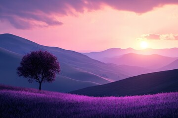 Fototapeta premium Lavender sunset over rolling hills highlighting a lone tree in a peaceful landscape