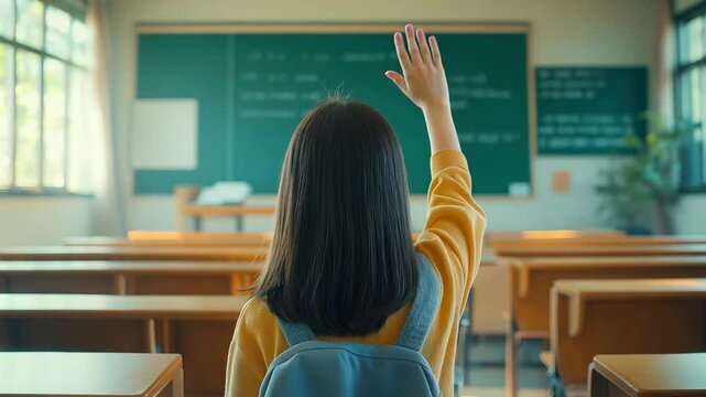 A student girl with backpack raises her hand and waves hello while standing in a sunlit classroom filled with empty desks. Back to school concept