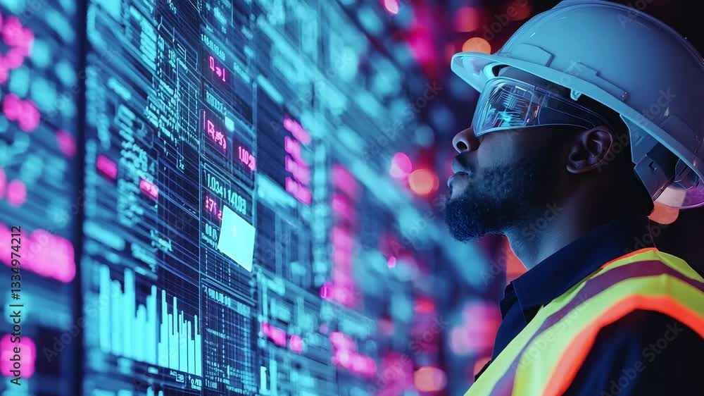 Poster an engineer man in safety attire examines visual data on a digital display in a control room during 