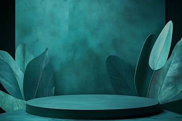 Teal Green Display Stand with Tropical Leaves