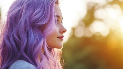 woman with beautiful long pastel purple silky hair, professional photoshoot