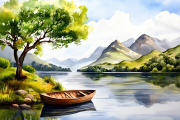 Obraz premium serene watercolor landscape of tranquil lake with wooden boat and lush mountains