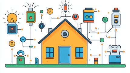 Fototapeta premium Smart Home Concept with Colorful Icons and Devices Connected to House Illustration