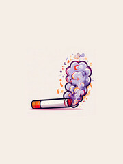 Reference IA burning cigarette with glowing embers releases thick, swirling purple and gray smoke, creating a vibrant, stylized, and artistic illustration with bold details.mage