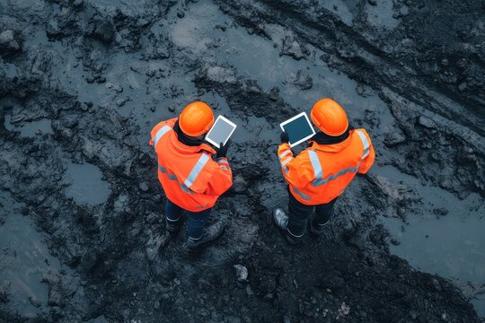 Aerial view of two industrial employees in reflective gear at an outdoor mining site using a tablet with space for text