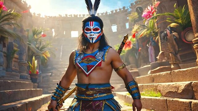 Aztec warrior in colorful feather costume