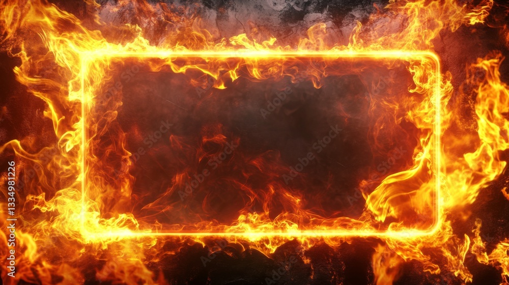 Poster a dynamic fire frame border with a futuristic holographic interface glowing inside, blending element